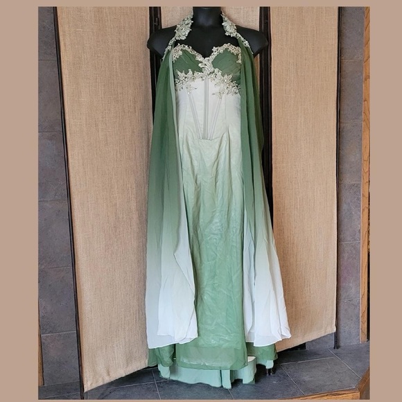 Fantasy Elves Victorian Prom Dress Wrap Cape Green Long Gown Lace Sequin Corset - Picture 3 of 15